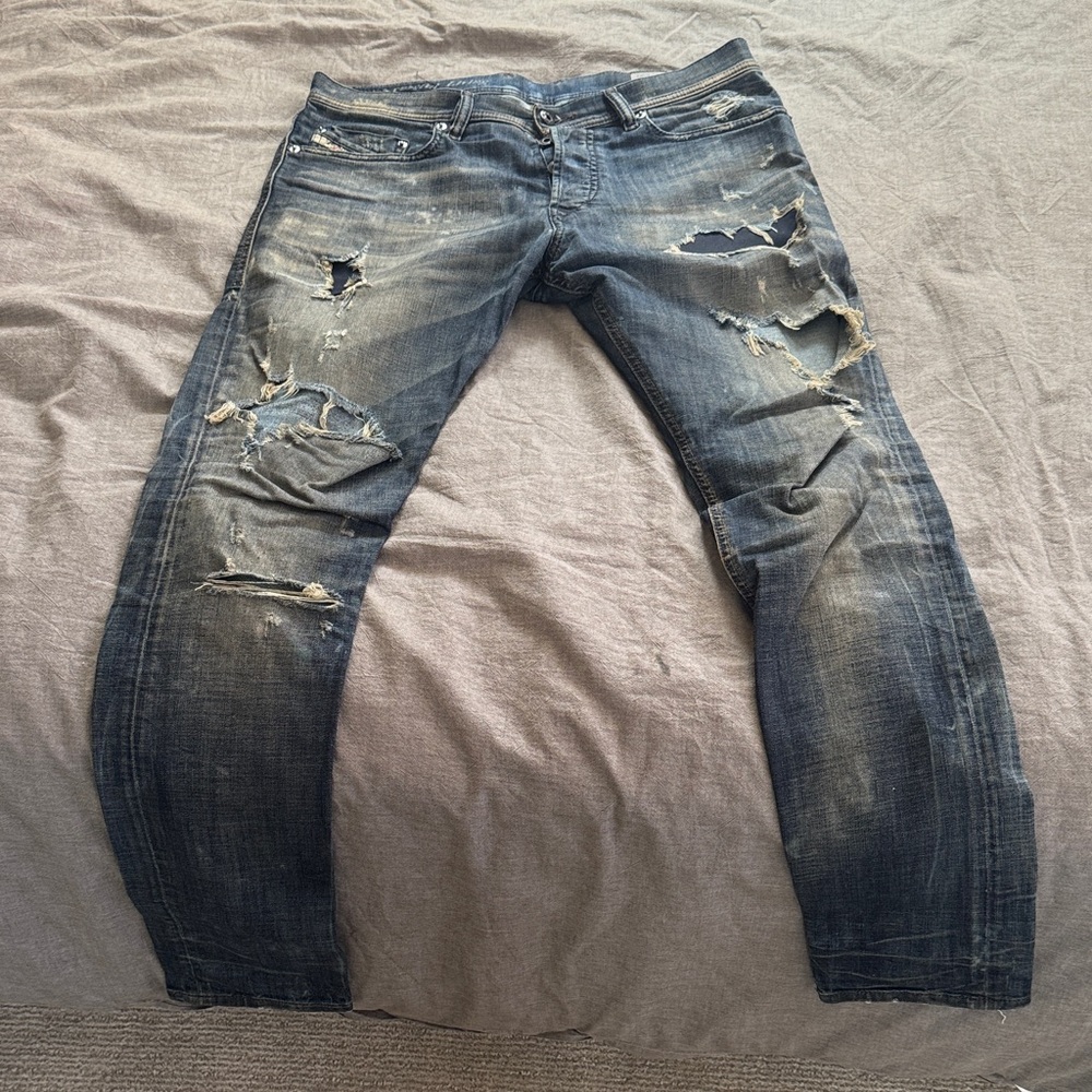Diesel Men's Distressed Dark Blue Slim Straight Jeans